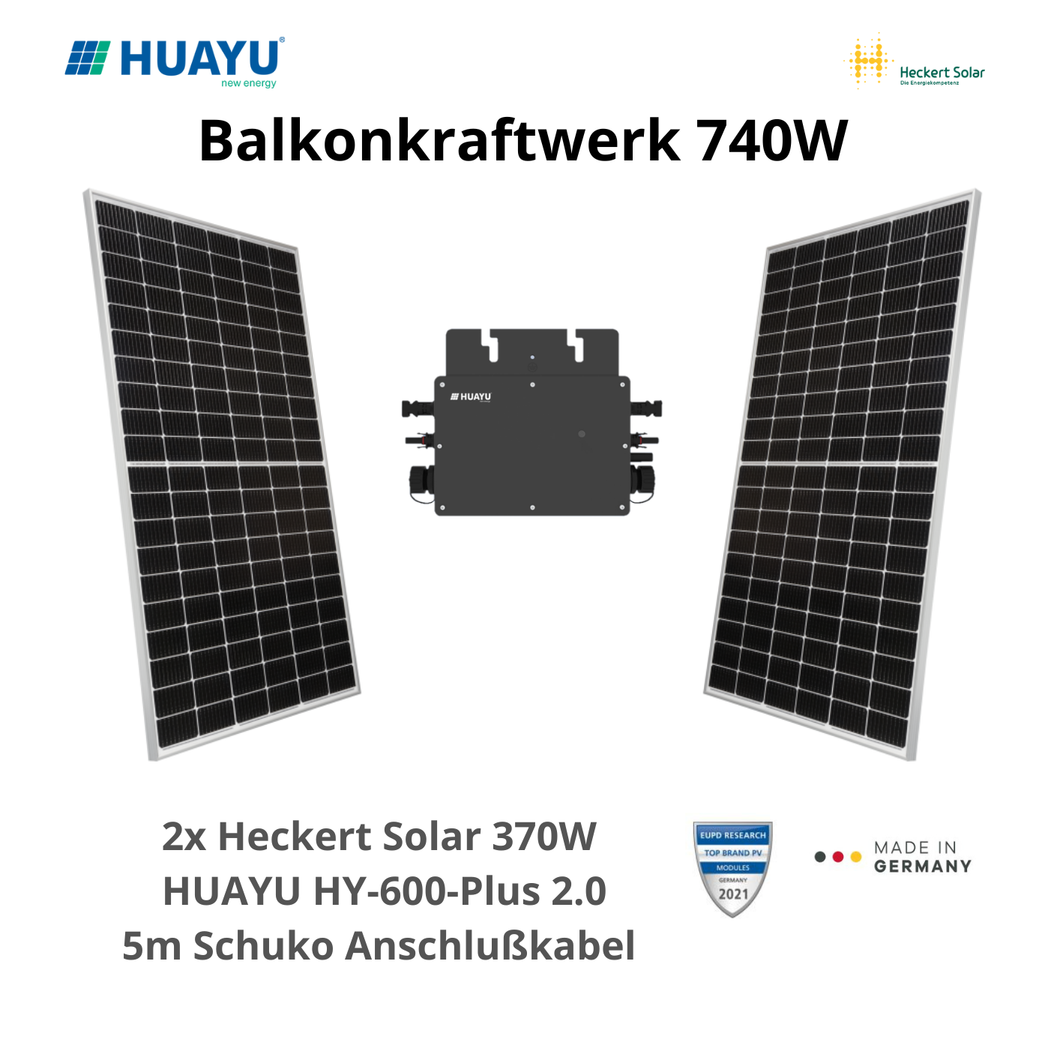 Balkonkraftwerk 740W mit Heckert Solar Modulen und dem HUAYU HY-600-Plus 2.0